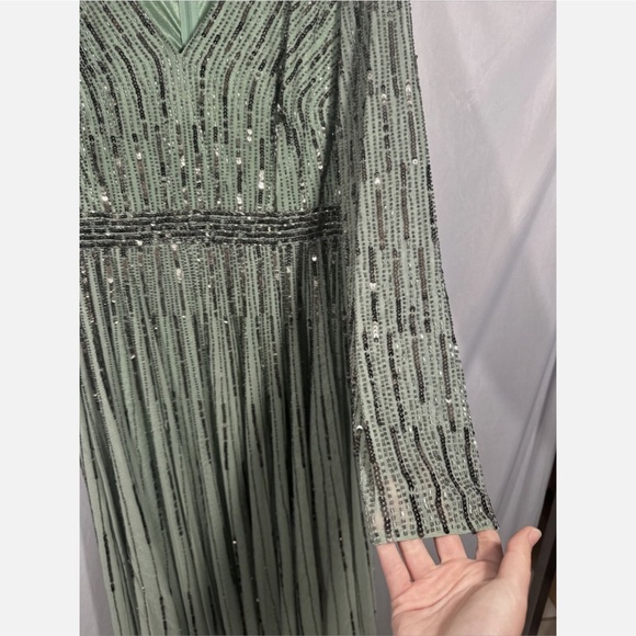 NEW $598 Mac Duggal [ 16 ] Sequined Illusion Long Sleeve A-line Gown‎ Sage Green - Picture 10 of 14